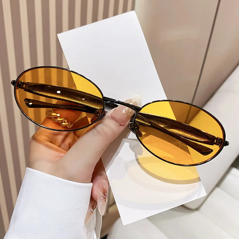 SO&EI Fashion Small Oval Metal Women Sunglasses Retro Clear Ocean Gradient Lens Shades UV400 Men Punk Sun Glasses