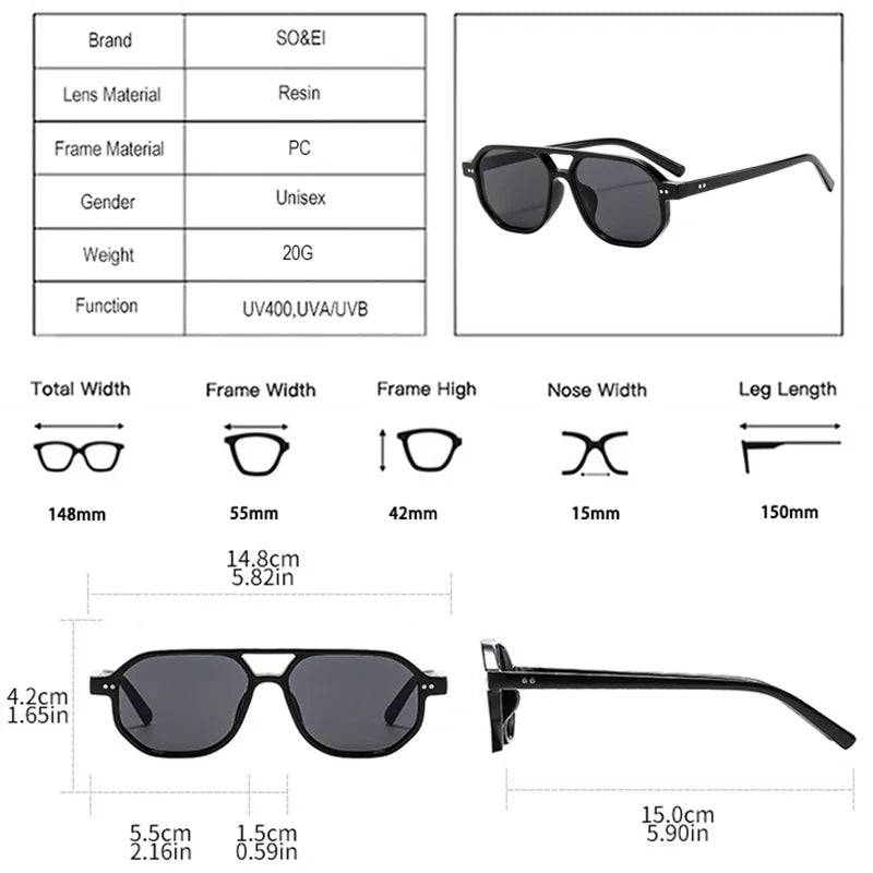 SO&EI Vintage Double Bridges Polygon Square Women Sunglasses Fashion Rivets Men Clear Ocean Lens Shades UV400 Sun Glasses