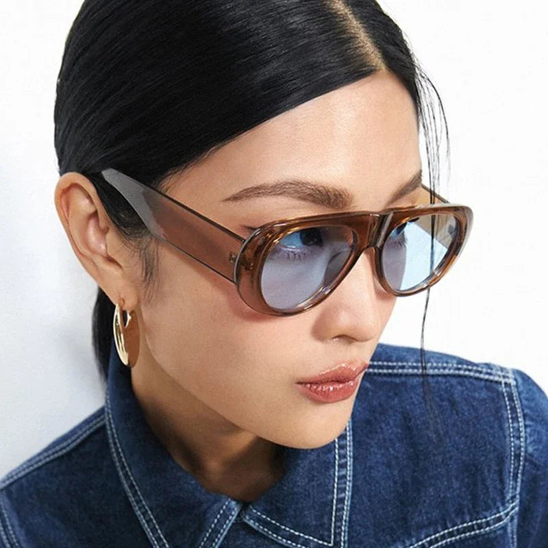 SO&EI Ins Popular Fashion Pilot Women Sunglasses Retro Blue Green Shades UV400 Men Trending Wide Legs Sun Glasses