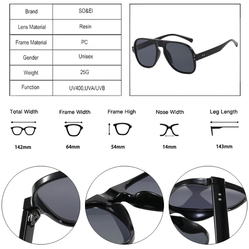 SO&EI Ins Popular Fashion Men Pilot Sunglasses Shades UV400 Retro Yellow Orange Women Trending Rivets Sun Glasses