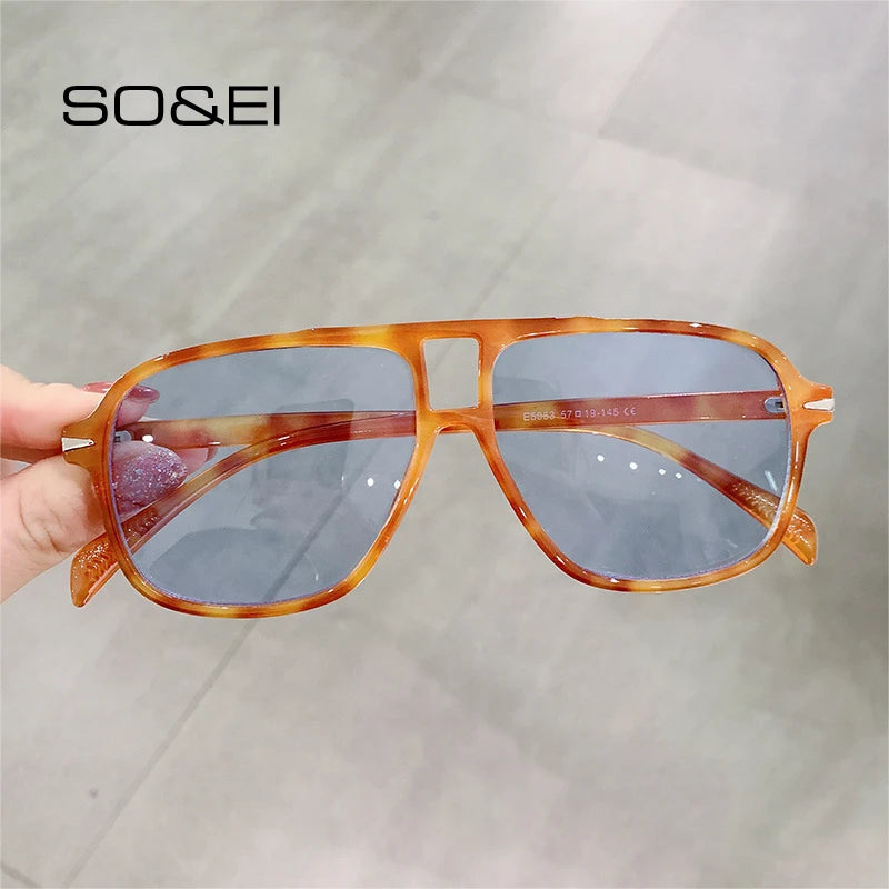 SO&EI Fashion Double Bridges Men Pilot Sunglasses Retro Clear Blue Shades UV400 Women Trending Square Rivets Sun Glasses
