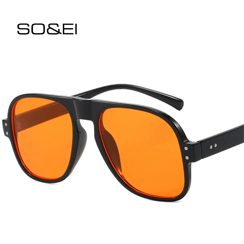 SO&EI Ins Popular Fashion Men Pilot Sunglasses Shades UV400 Retro Yellow Orange Women Trending Rivets Sun Glasses