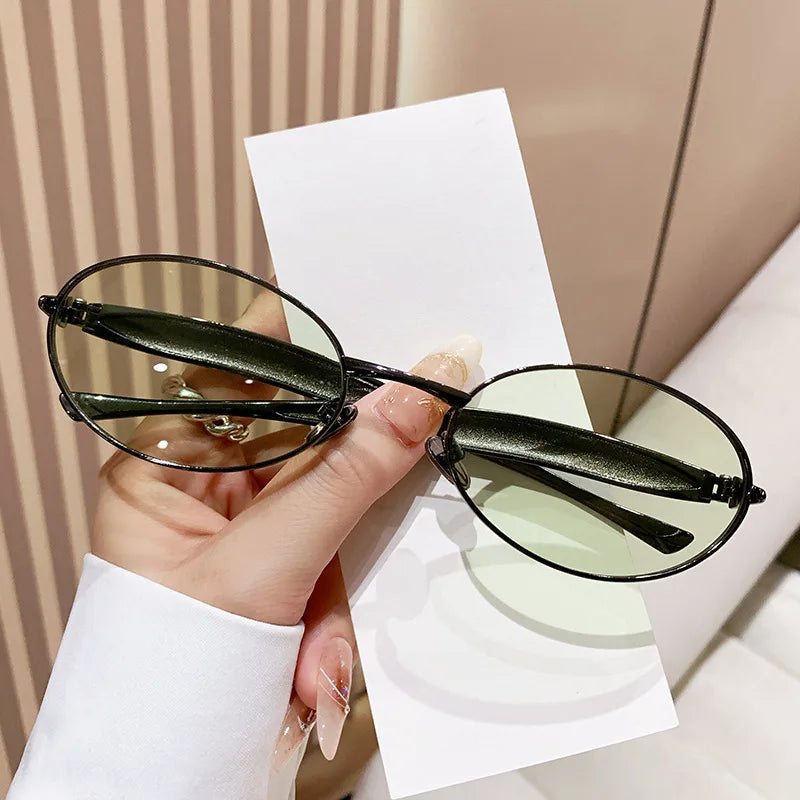 SO&EI Fashion Small Oval Metal Women Sunglasses Retro Clear Ocean Gradient Lens Shades UV400 Men Punk Sun Glasses