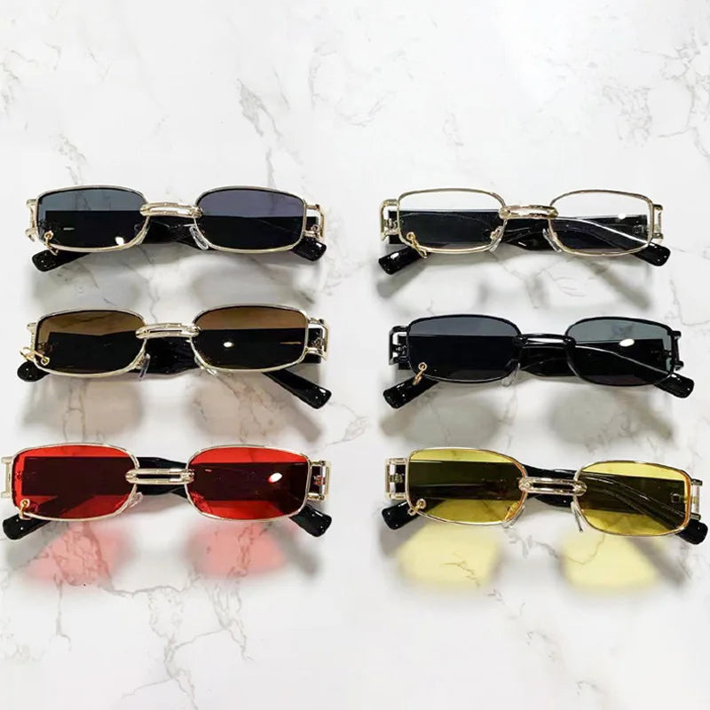 SO&EI Ins Popular Fashion Small Rectangle Women Luxury Sunglasses Vintage Metal Ring Decoration Men Punk Sun Glasses UV400