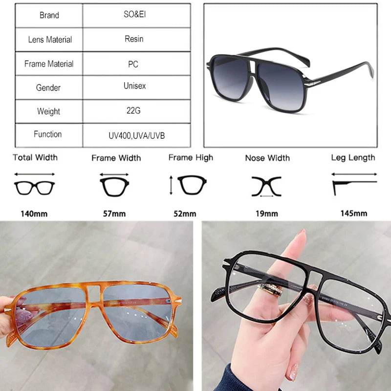 SO&EI Fashion Double Bridges Men Pilot Sunglasses Retro Clear Blue Shades UV400 Women Trending Square Rivets Sun Glasses