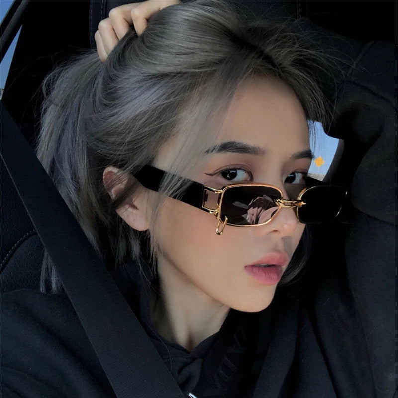 SO&EI Ins Popular Fashion Small Rectangle Women Luxury Sunglasses Vintage Metal Ring Decoration Men Punk Sun Glasses UV400