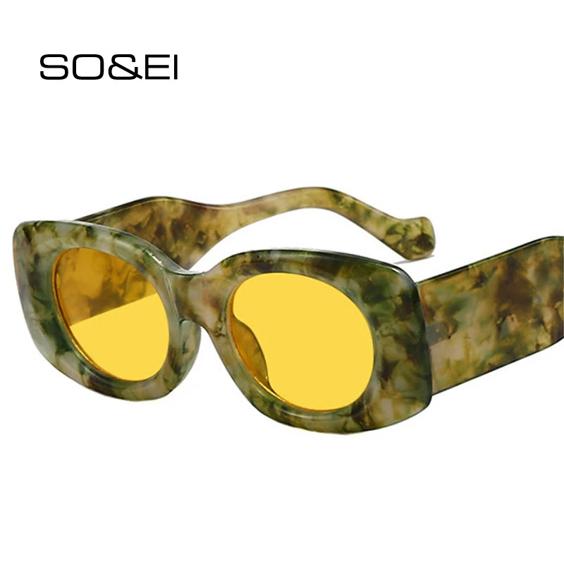 SO&EI Ins Popular Fashion Square Women Sunglasses Shades UV400 Retro Punk Men Oval Yellow Sun Glasses