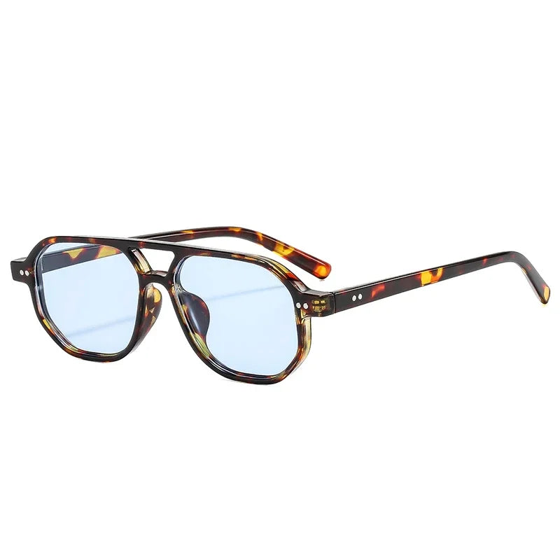 SO&EI Vintage Double Bridges Polygon Square Women Sunglasses Fashion Rivets Men Clear Ocean Lens Shades UV400 Sun Glasses