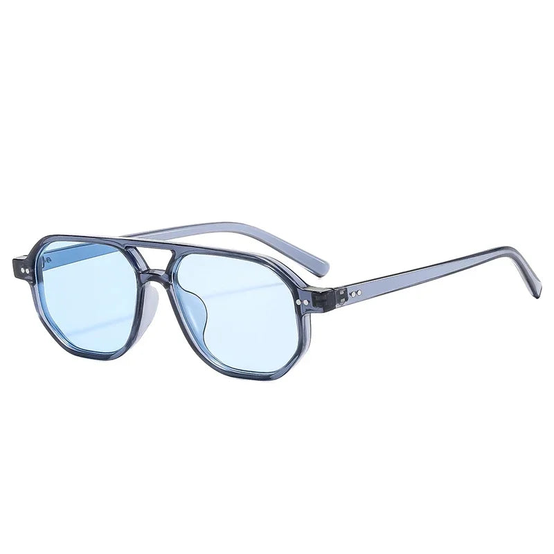 SO&EI Vintage Double Bridges Polygon Square Women Sunglasses Fashion Rivets Men Clear Ocean Lens Shades UV400 Sun Glasses