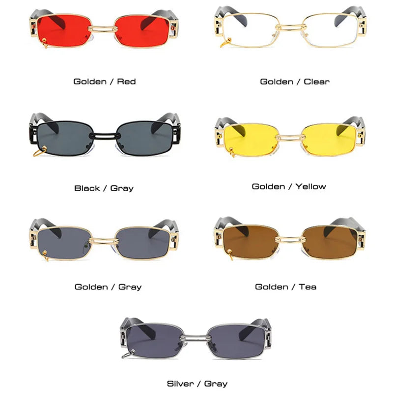 SO&EI Ins Popular Fashion Small Rectangle Women Luxury Sunglasses Vintage Metal Ring Decoration Men Punk Sun Glasses UV400