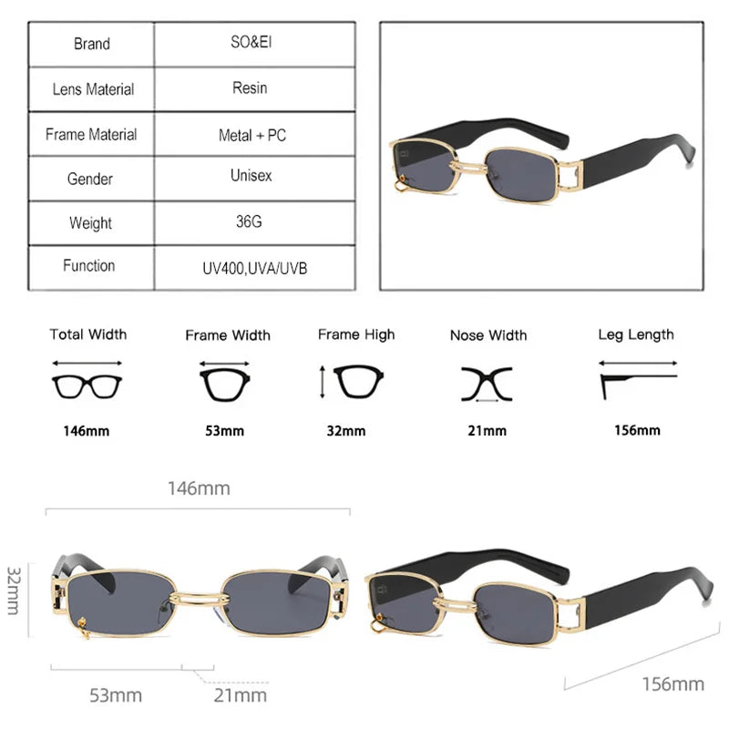 SO&EI Ins Popular Fashion Small Rectangle Women Luxury Sunglasses Vintage Metal Ring Decoration Men Punk Sun Glasses UV400