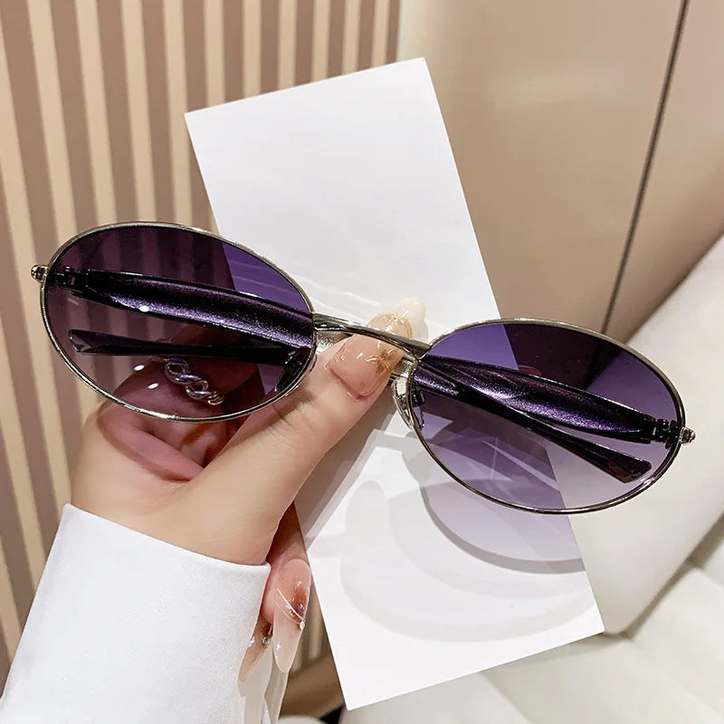 SO&EI Fashion Small Oval Metal Women Sunglasses Retro Clear Ocean Gradient Lens Shades UV400 Men Punk Sun Glasses
