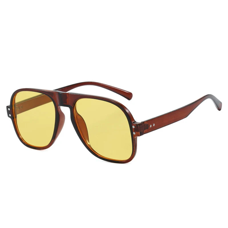 SO&EI Ins Popular Fashion Men Pilot Sunglasses Shades UV400 Retro Yellow Orange Women Trending Rivets Sun Glasses