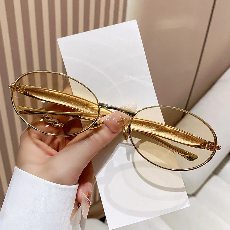 SO&EI Fashion Small Oval Metal Women Sunglasses Retro Clear Ocean Gradient Lens Shades UV400 Men Punk Sun Glasses